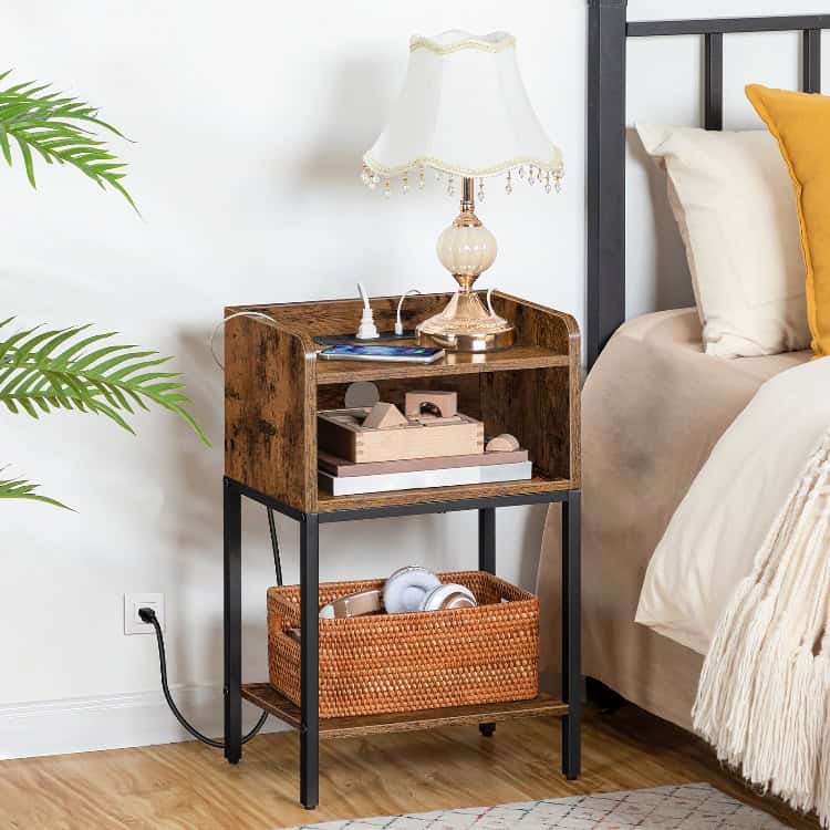 wood and metal bedside table
